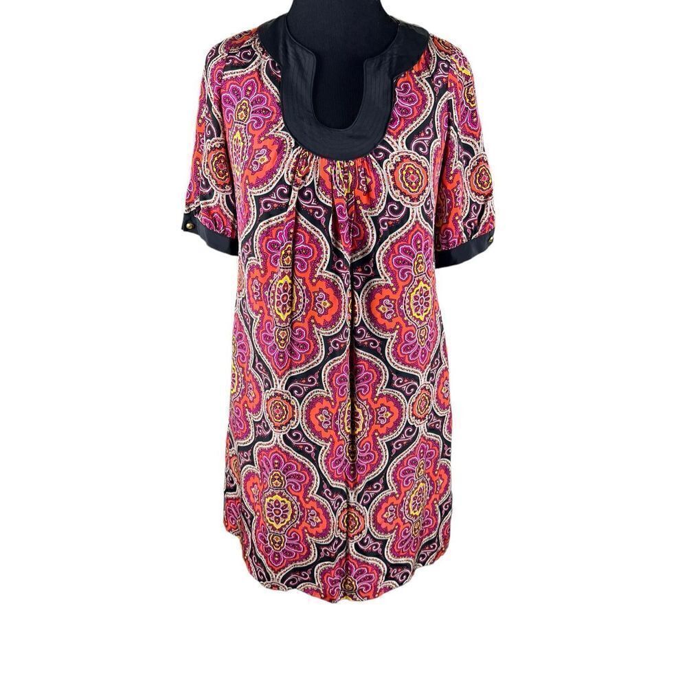 Women's 10 Shoshanna Short Sleeve Paisley 100% Silk Dress Pink Black Lined